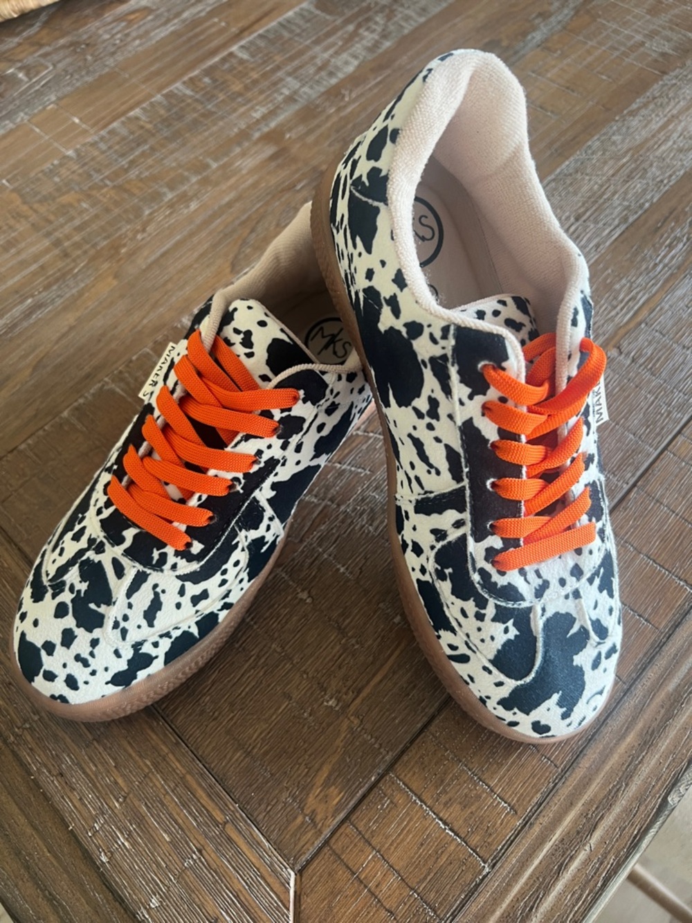 Cow-Print Sneakers with Orange Laces